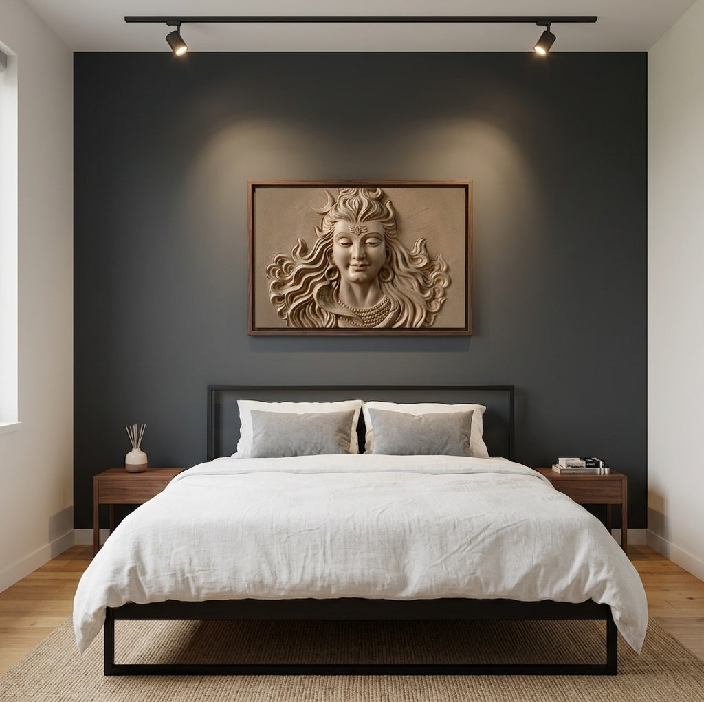 Lord Shiva Face 3D Relief Wall Art Sculpture - Room Mockup 3