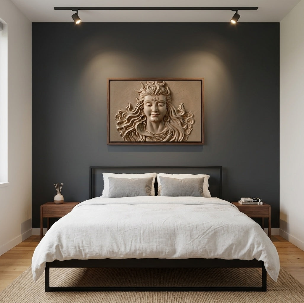 Lord Shiva Face 3D Relief Wall Art Sculpture - Room Mockup 3