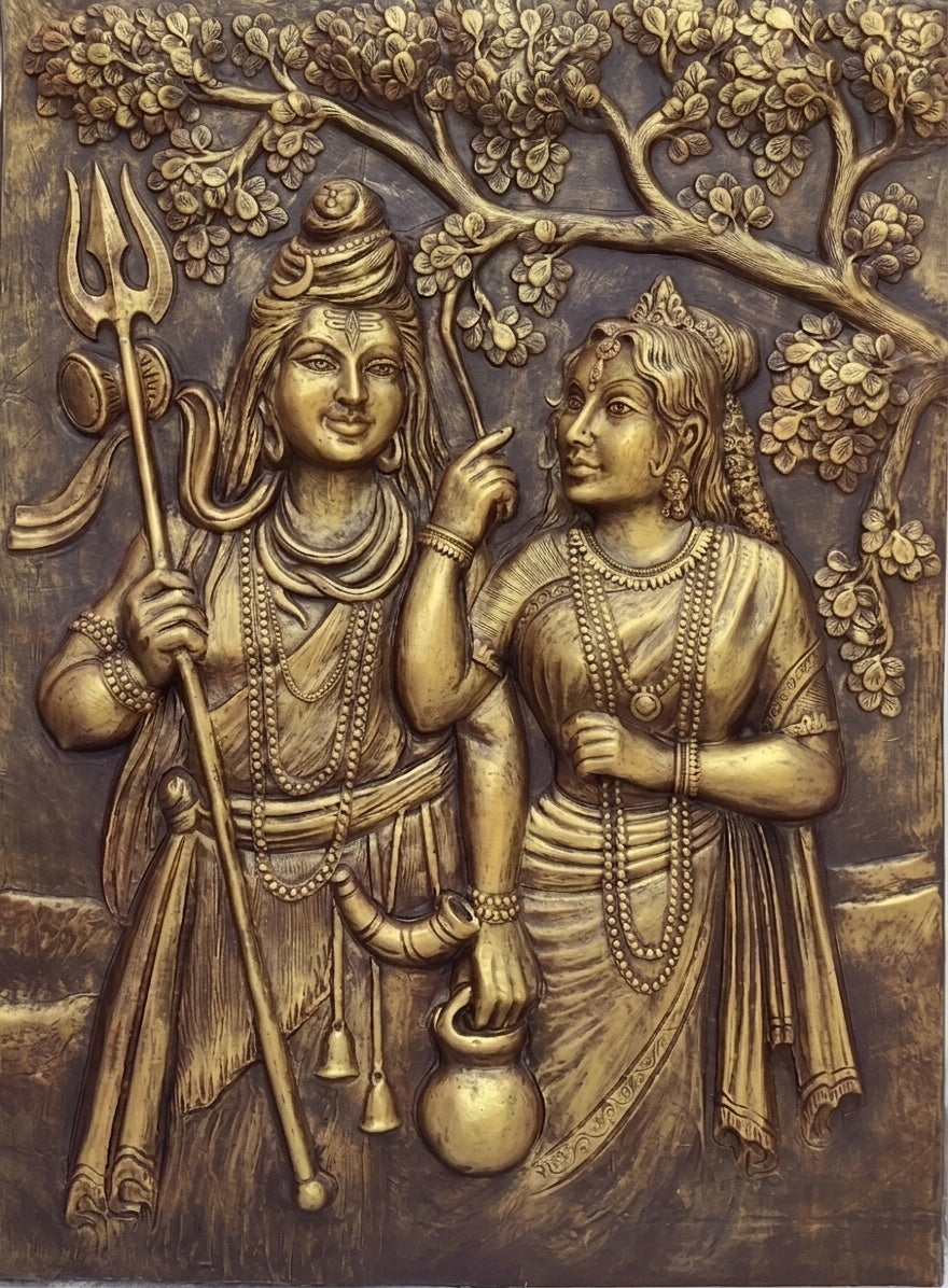 Shiv Parvati Antique Gold 3D Relief Mural Wall Art - Studio Detail