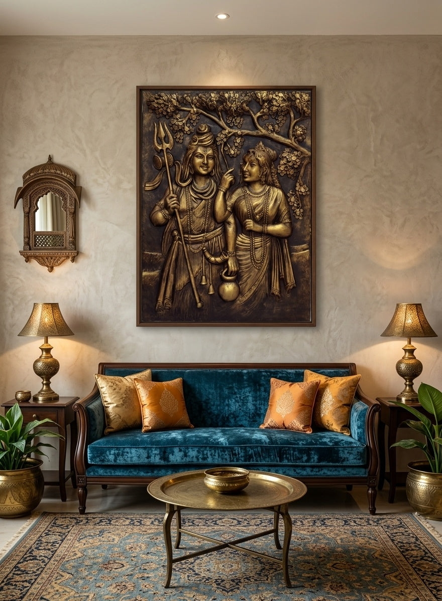Shiv Parvati Antique Gold 3D Relief Mural Wall Art - Room Mockup 1