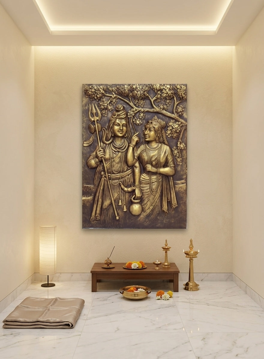 Shiv Parvati Antique Gold 3D Relief Mural Wall Art - Room Mockup 2