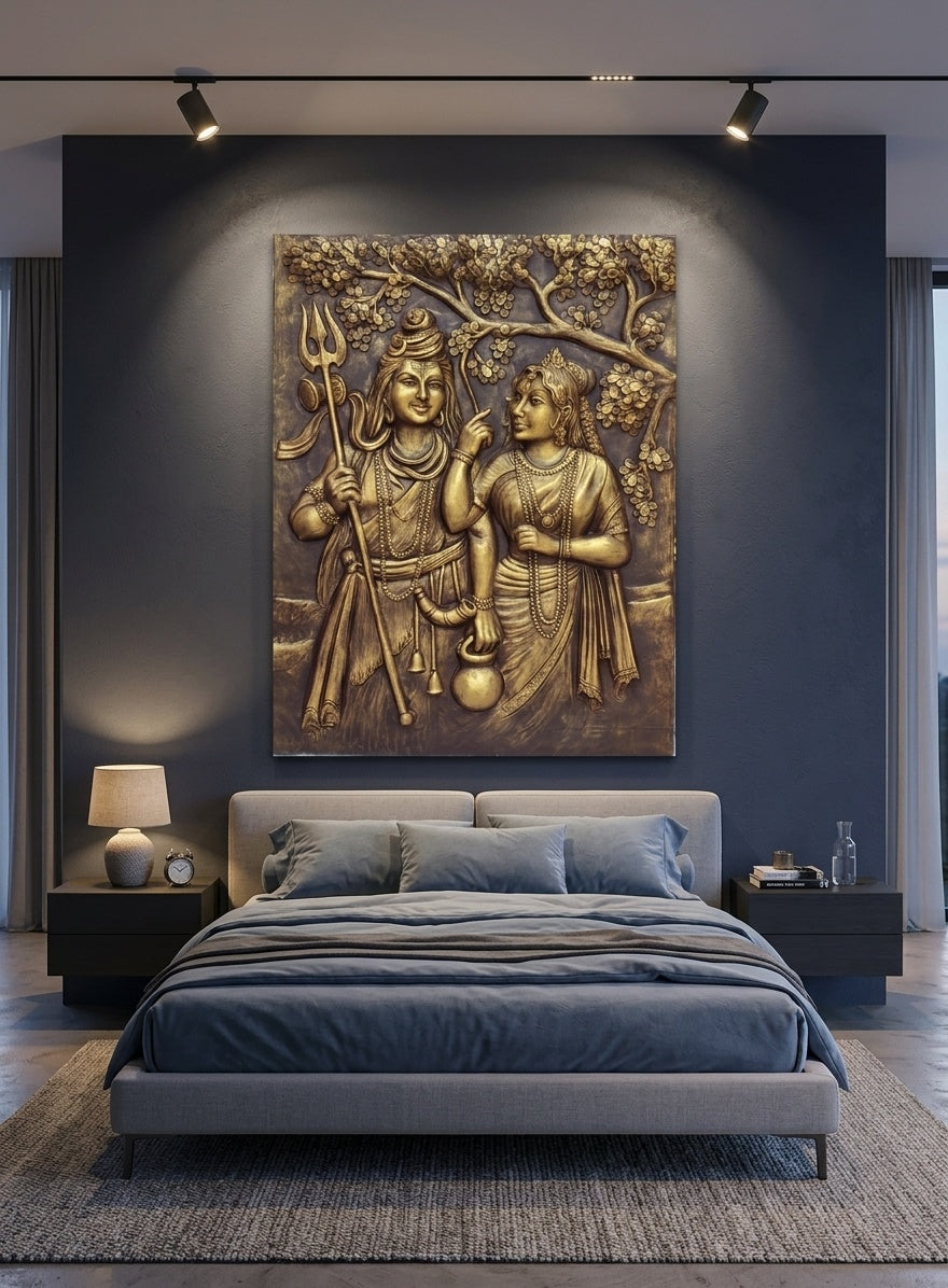 Shiv Parvati Antique Gold 3D Relief Mural Wall Art - Room Mockup 3
