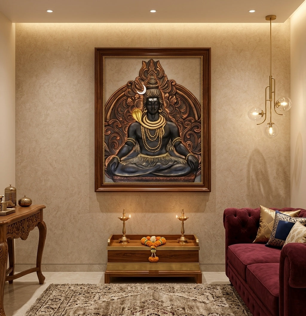 Meditating Lord Shiva 3D Relief Wall Art Panel - Room Mockup 1