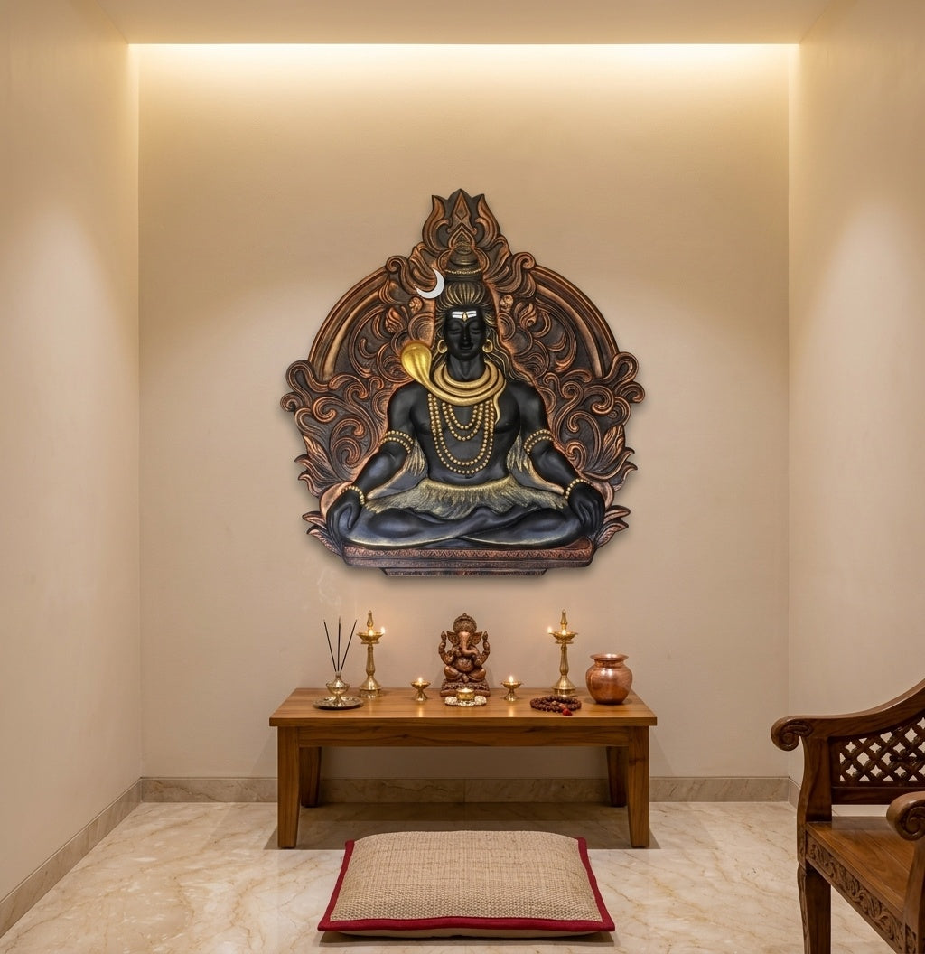 Meditating Lord Shiva 3D Relief Wall Art Panel - Room Mockup 2