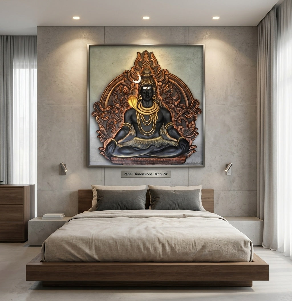 Meditating Lord Shiva 3D Relief Wall Art Panel - Room Mockup 3