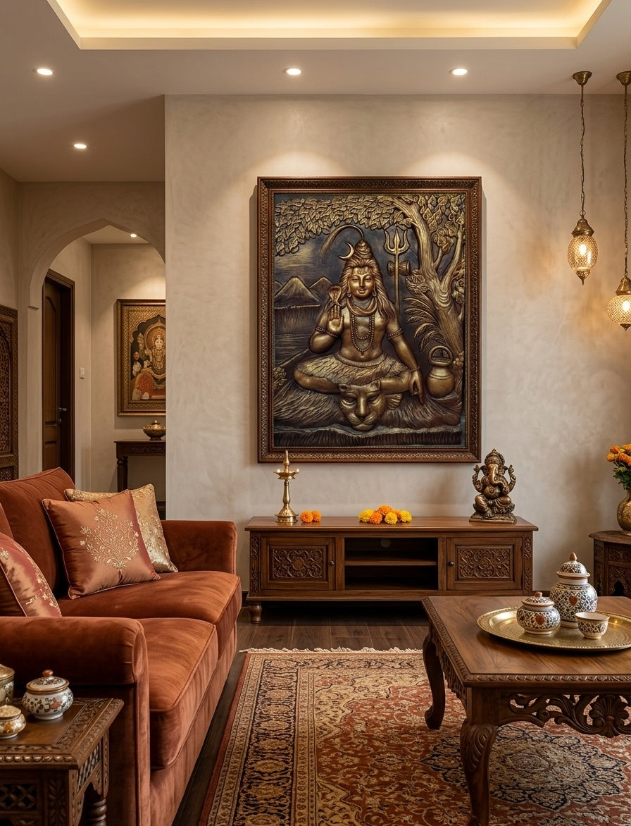 Meditating Lord Shiva 3D Relief Sculpture Panel - Room Mockup 1