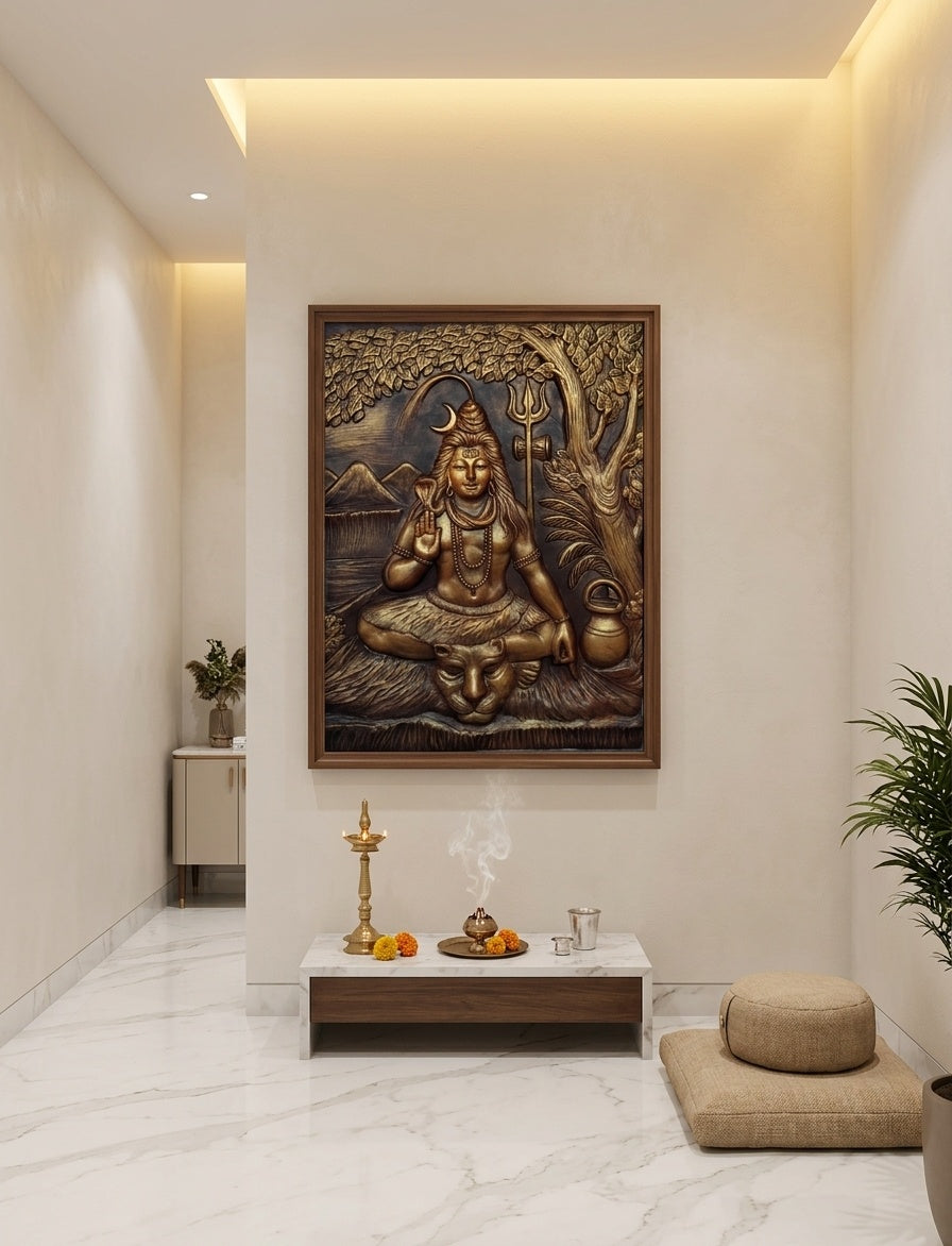 Meditating Lord Shiva 3D Relief Sculpture Panel - Room Mockup 2
