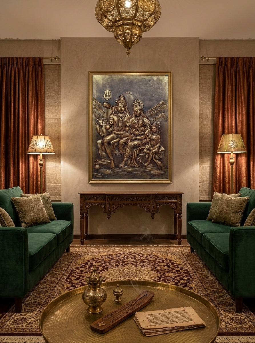 Shiva Parivar Divine Family 3D Relief Mural Wall Art - Room Mockup 1