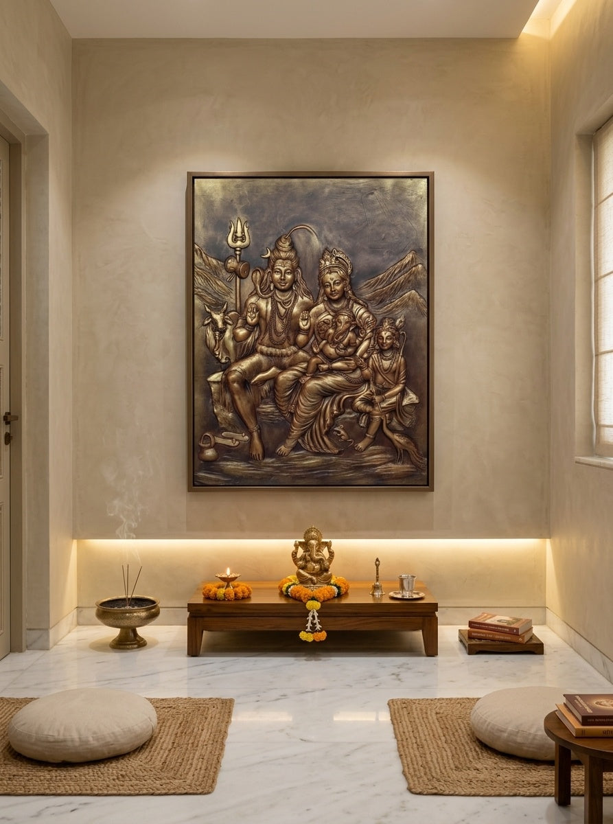 Shiva Parivar Divine Family 3D Relief Mural Wall Art - Room Mockup 2