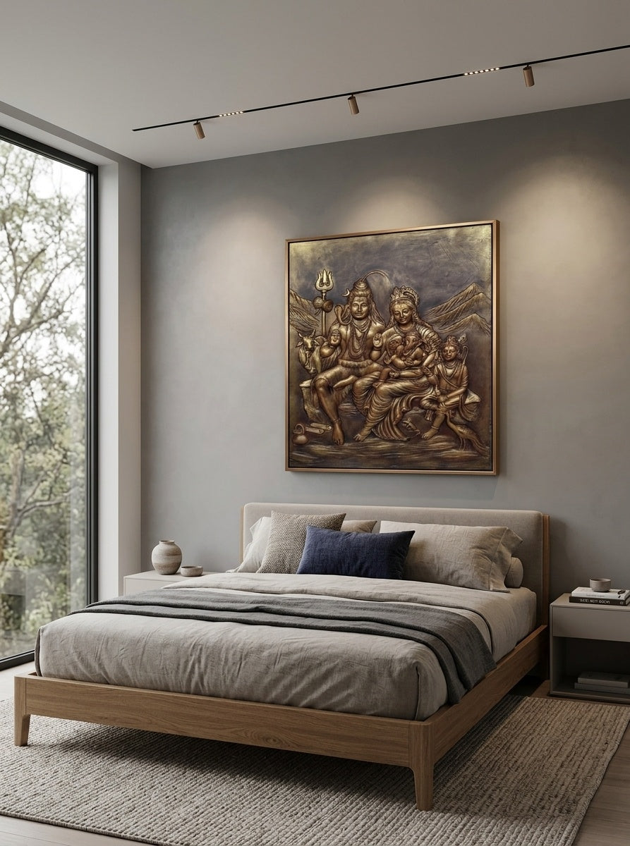 Shiva Parivar Divine Family 3D Relief Mural Wall Art - Room Mockup 3