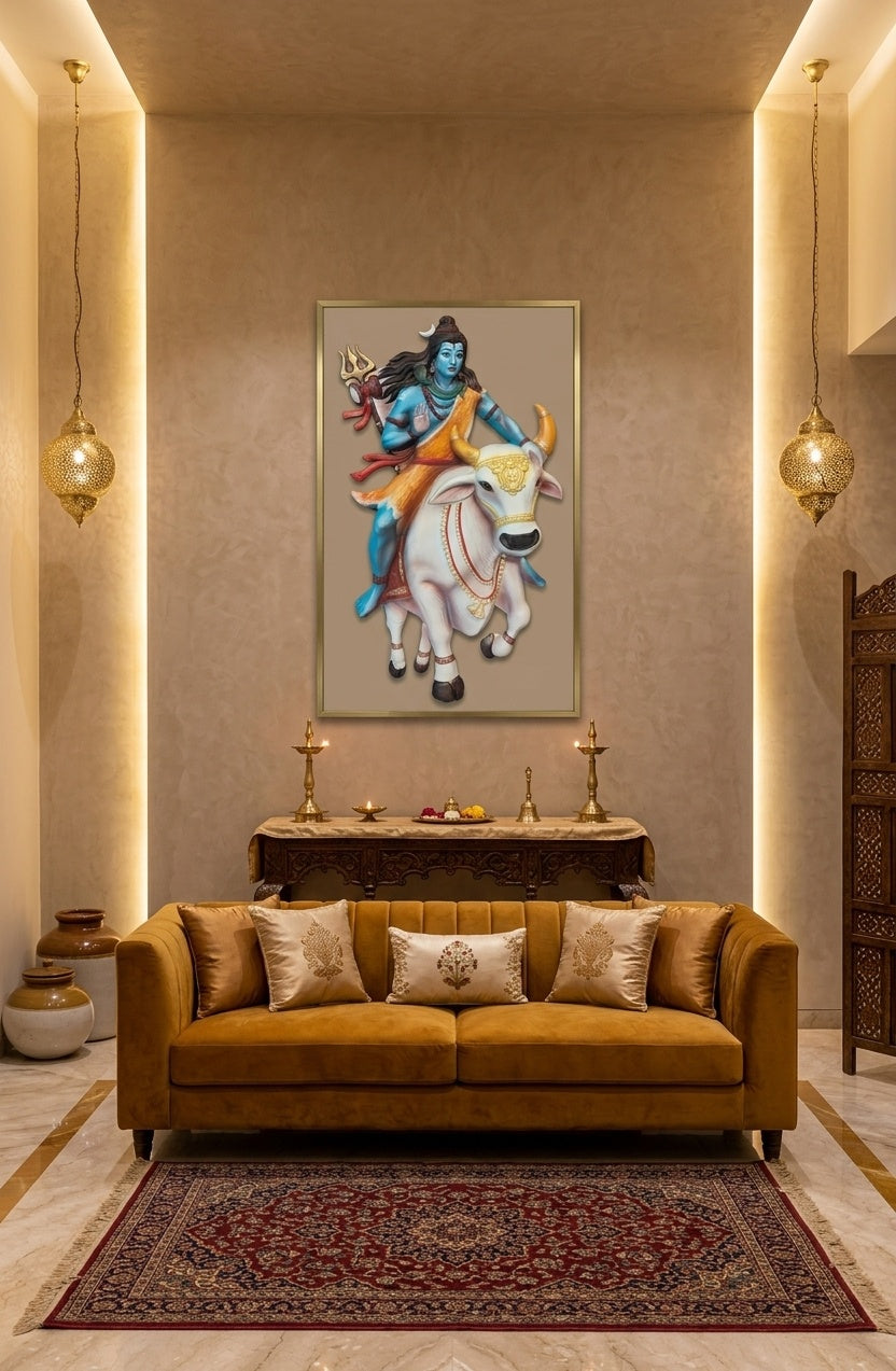 Lord Shiva on Nandi 3D Relief Mural Wall Art - Room Mockup 1