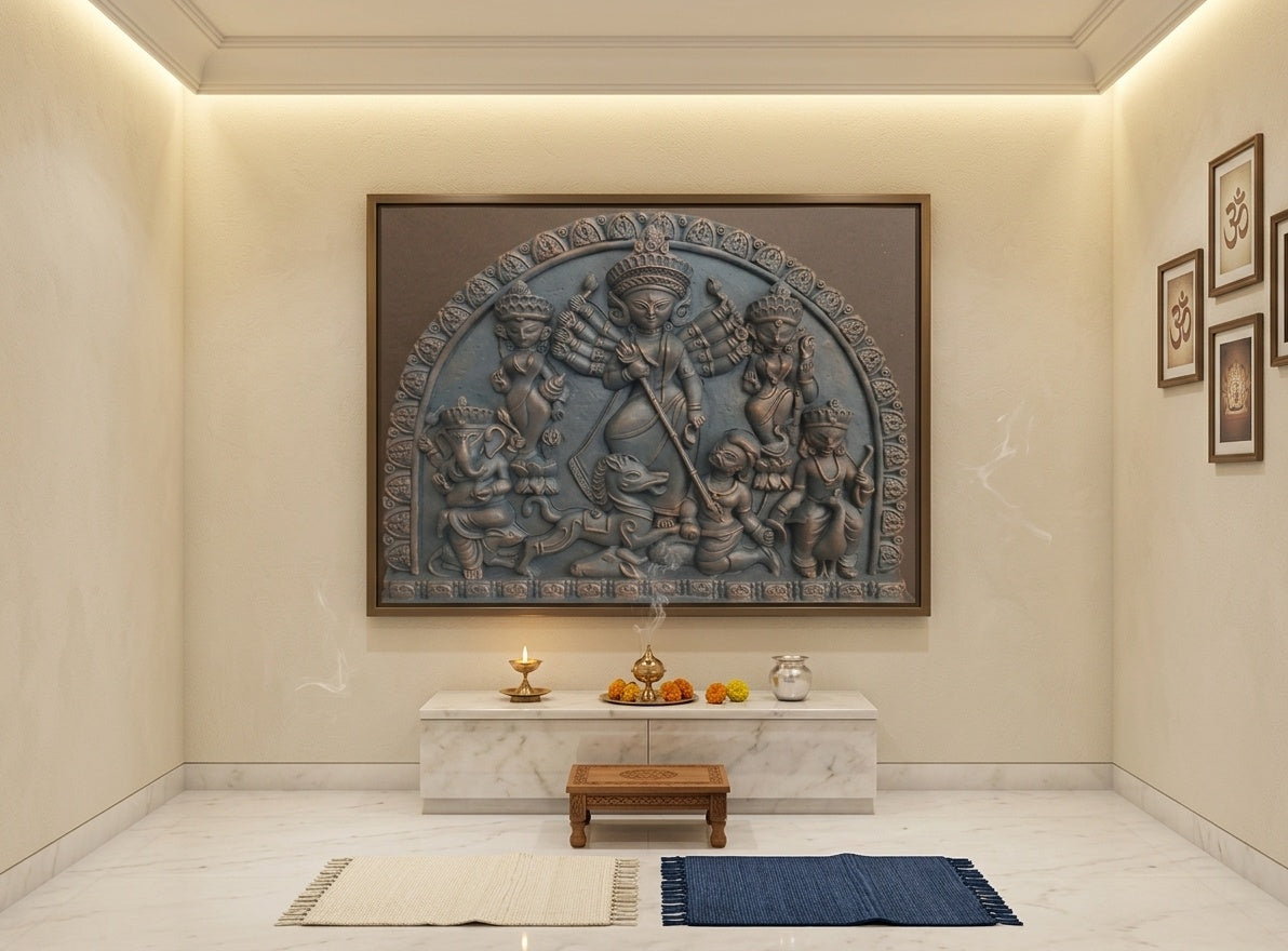 Goddess Durga Family 3D Relief Sculpture Panel (Terracotta Style) - Room Mockup 2