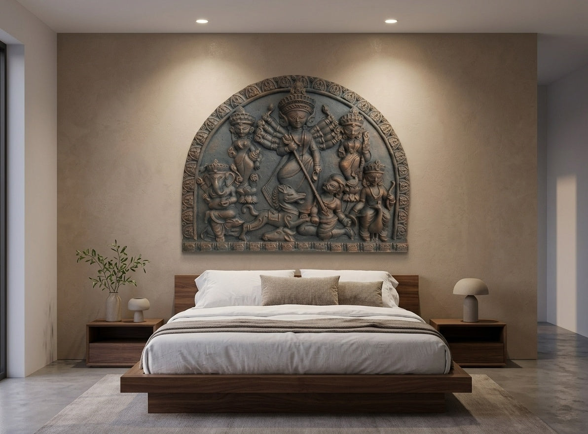 Goddess Durga Family 3D Relief Sculpture Panel (Terracotta Style) - Room Mockup 3