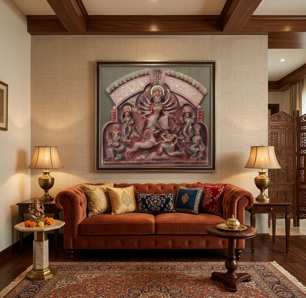 Goddess Durga Family 3D Relief Mural Panel - Room Mockup 1