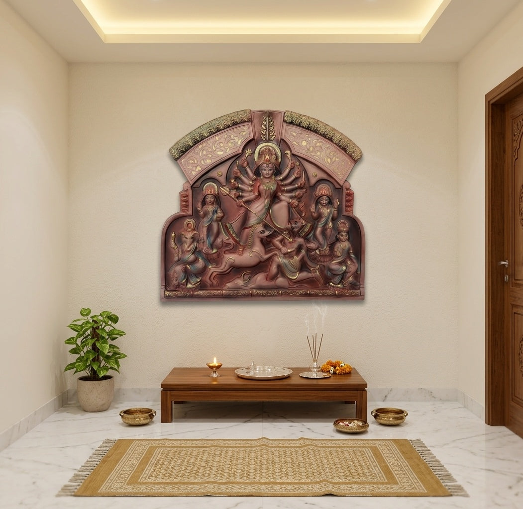 Goddess Durga Family 3D Relief Mural Panel - Room Mockup 2