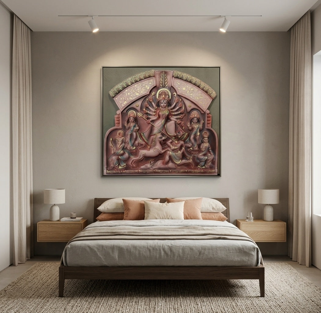 Goddess Durga Family 3D Relief Mural Panel - Room Mockup 3
