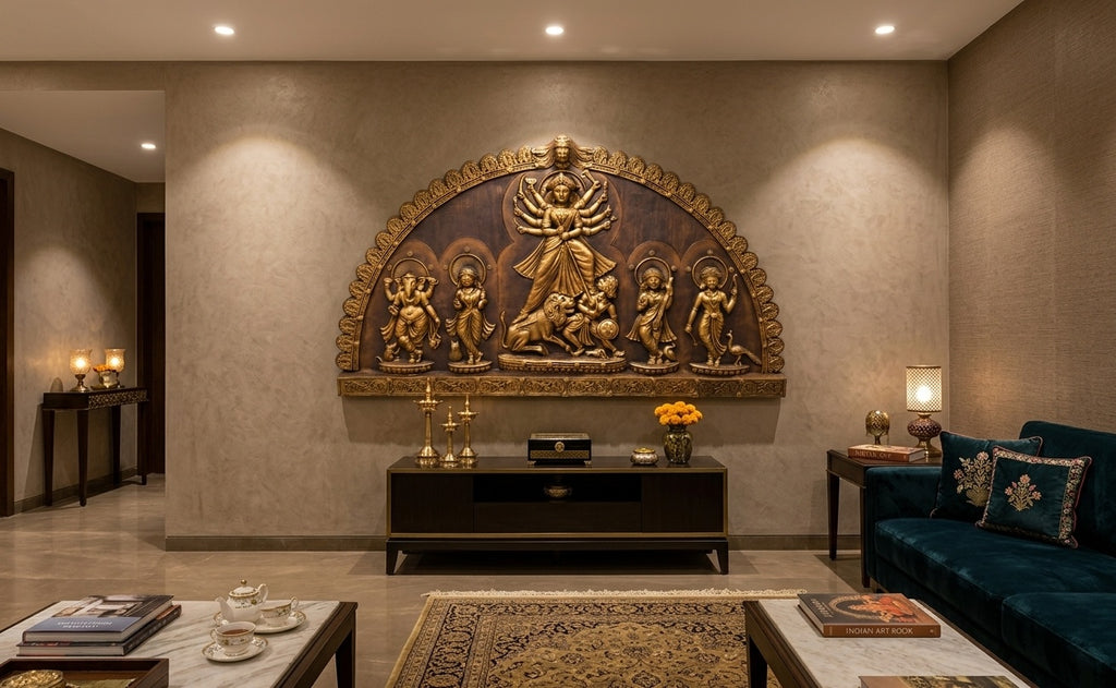 Goddess Durga Parivar 3D Relief Sculpture Panel - Room Mockup 1