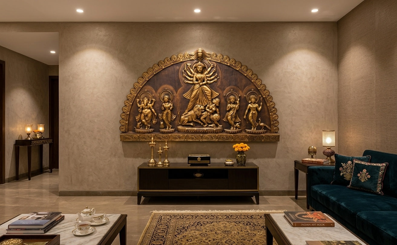 Goddess Durga Parivar 3D Relief Sculpture Panel - Room Mockup 1