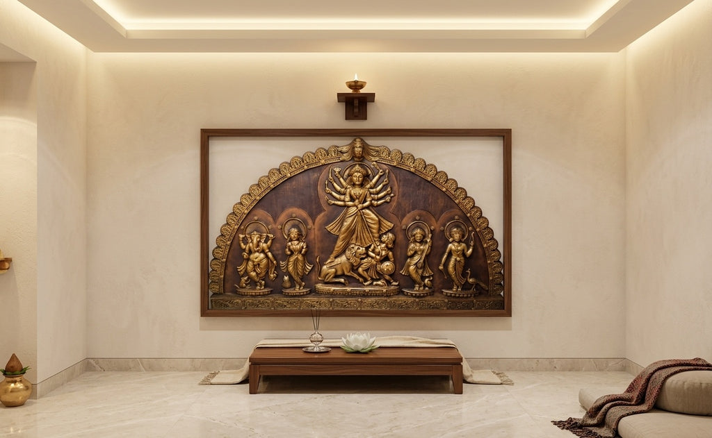 Goddess Durga Parivar 3D Relief Sculpture Panel - Room Mockup 2