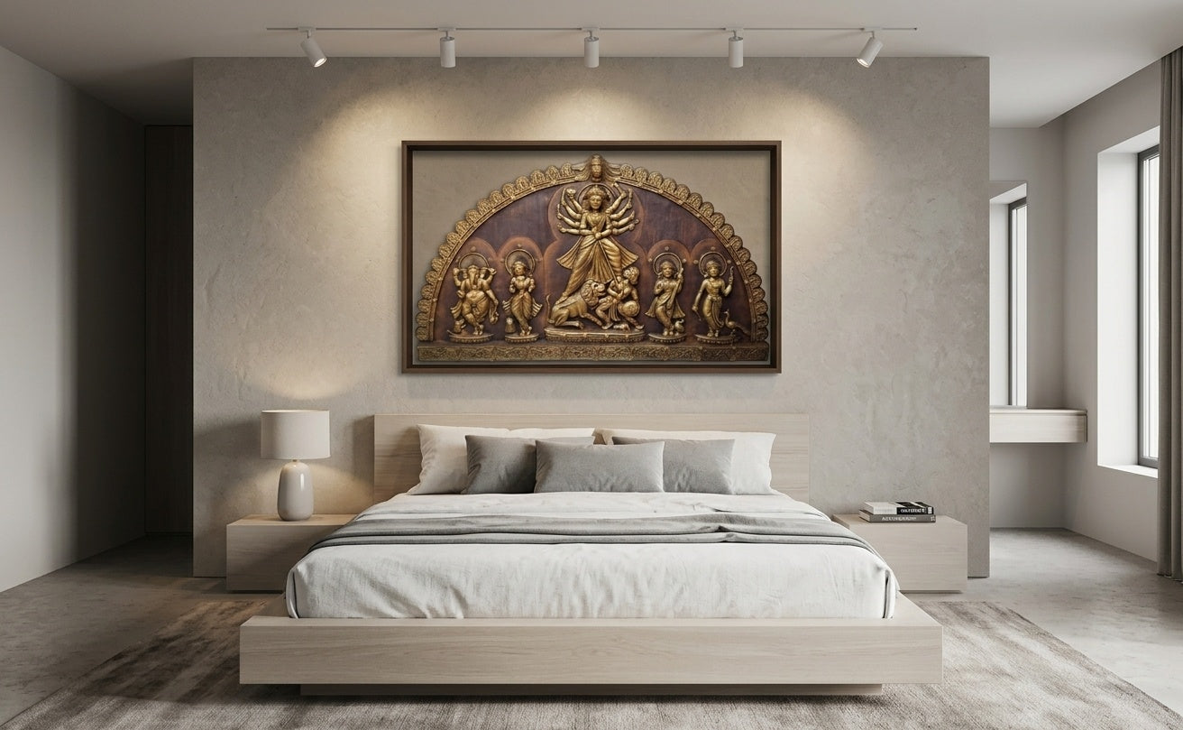 Goddess Durga Parivar 3D Relief Sculpture Panel - Room Mockup 3