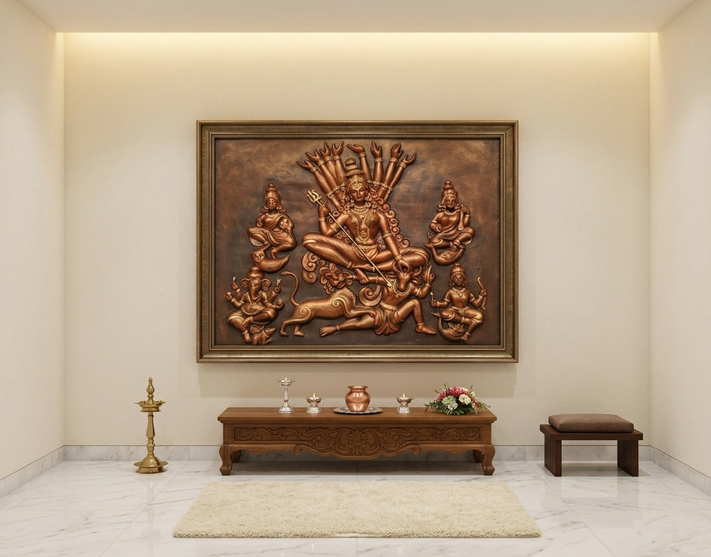 Durga Mahishasuramardini Family 3D Relief Wall Art Panel - Room Mockup 2