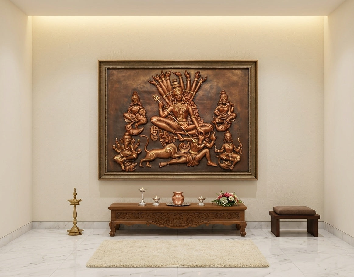 Durga Mahishasuramardini Family 3D Relief Wall Art Panel - Room Mockup 2