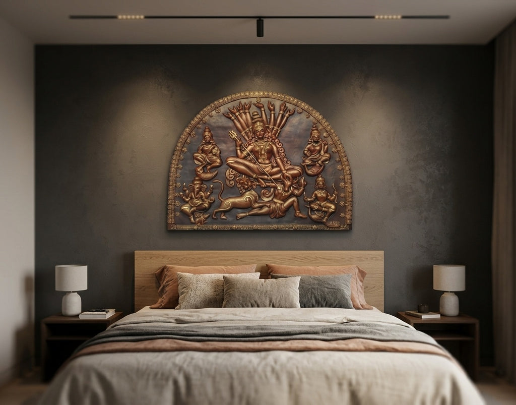 Durga Mahishasuramardini Family 3D Relief Wall Art Panel - Room Mockup 3