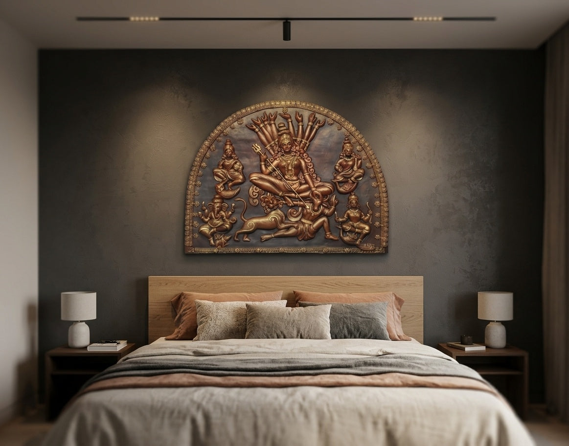 Durga Mahishasuramardini Family 3D Relief Wall Art Panel - Room Mockup 3