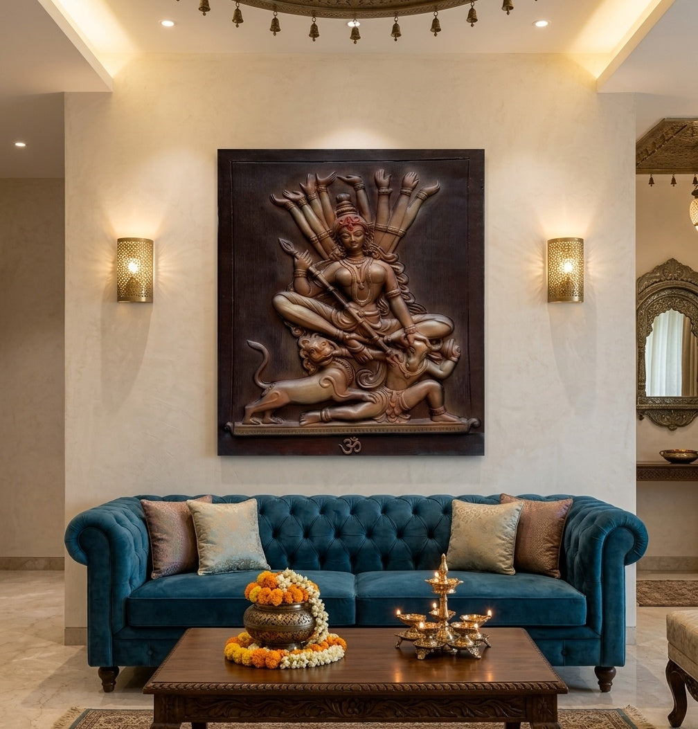 Mahishasura Mardini Durga 3D Relief Wall Art Panel - Room Mockup 1
