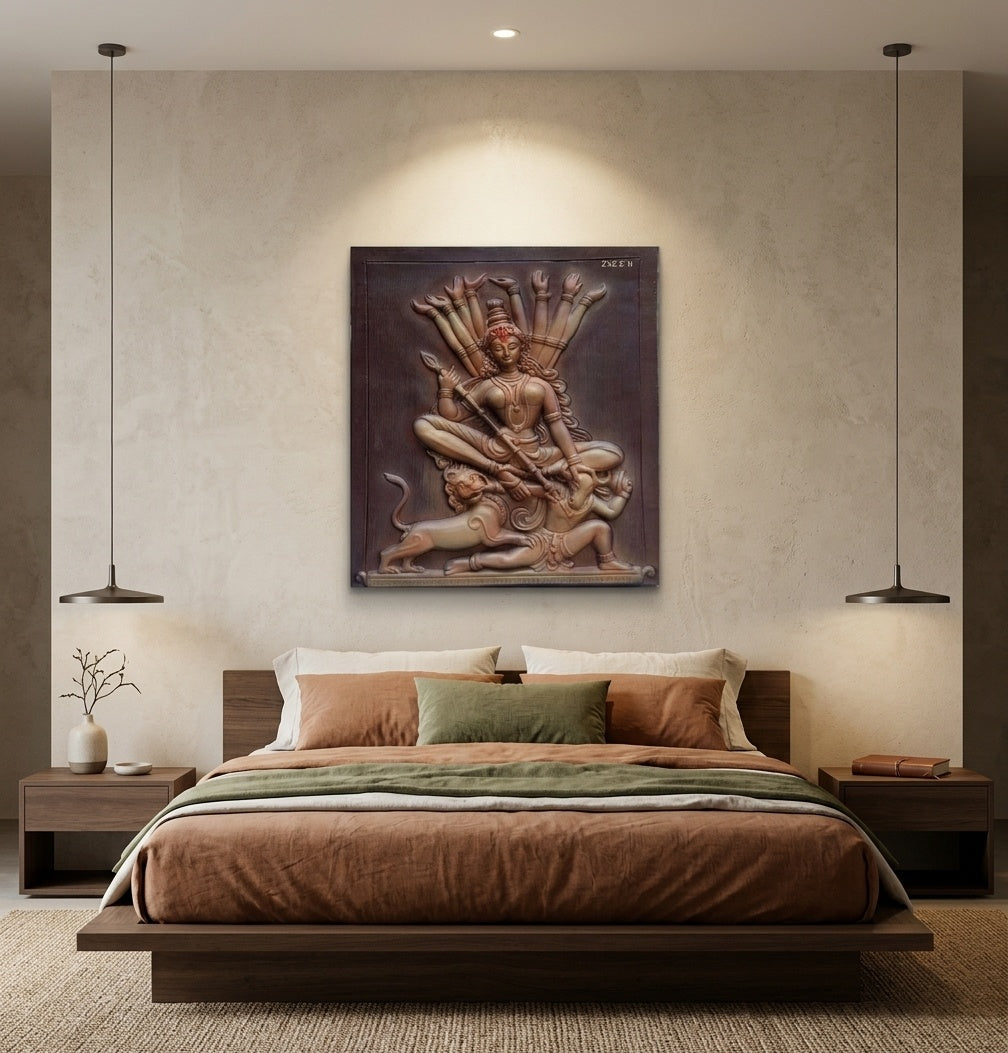Mahishasura Mardini Durga 3D Relief Wall Art Panel - Room Mockup 3