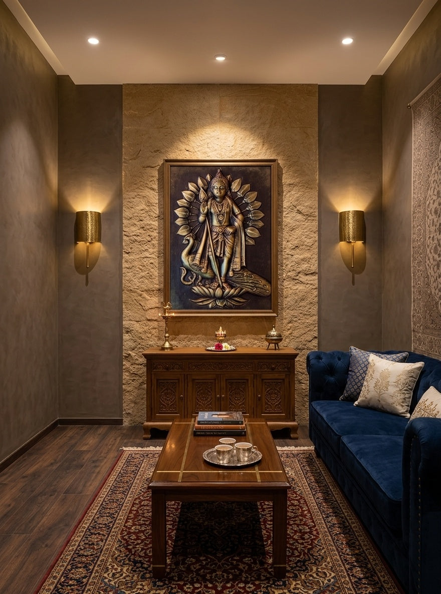 Lord Murugan (Kartikeya) with Vel and Peacock 3D Relief Wall Art Panel - Room Mockup 1
