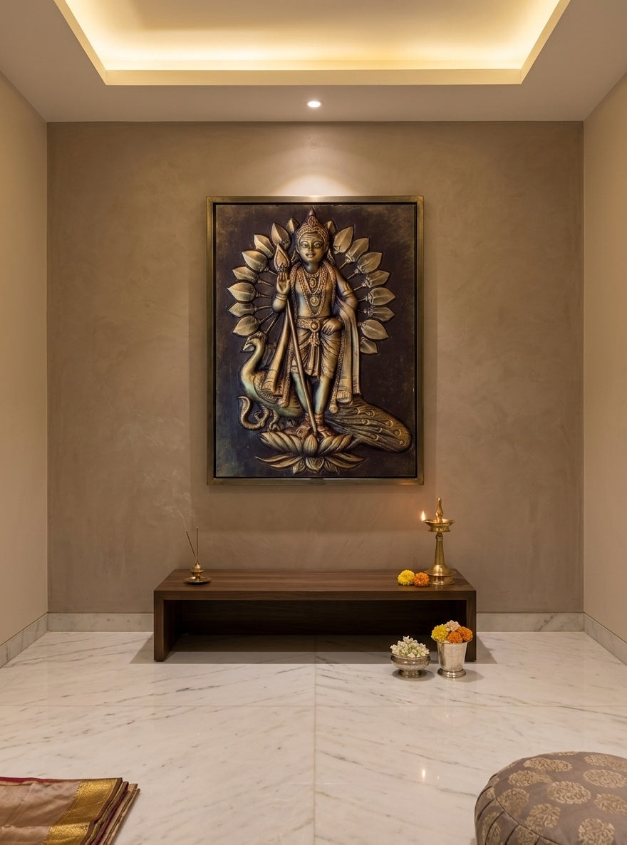 Lord Murugan (Kartikeya) with Vel and Peacock 3D Relief Wall Art Panel - Room Mockup 2