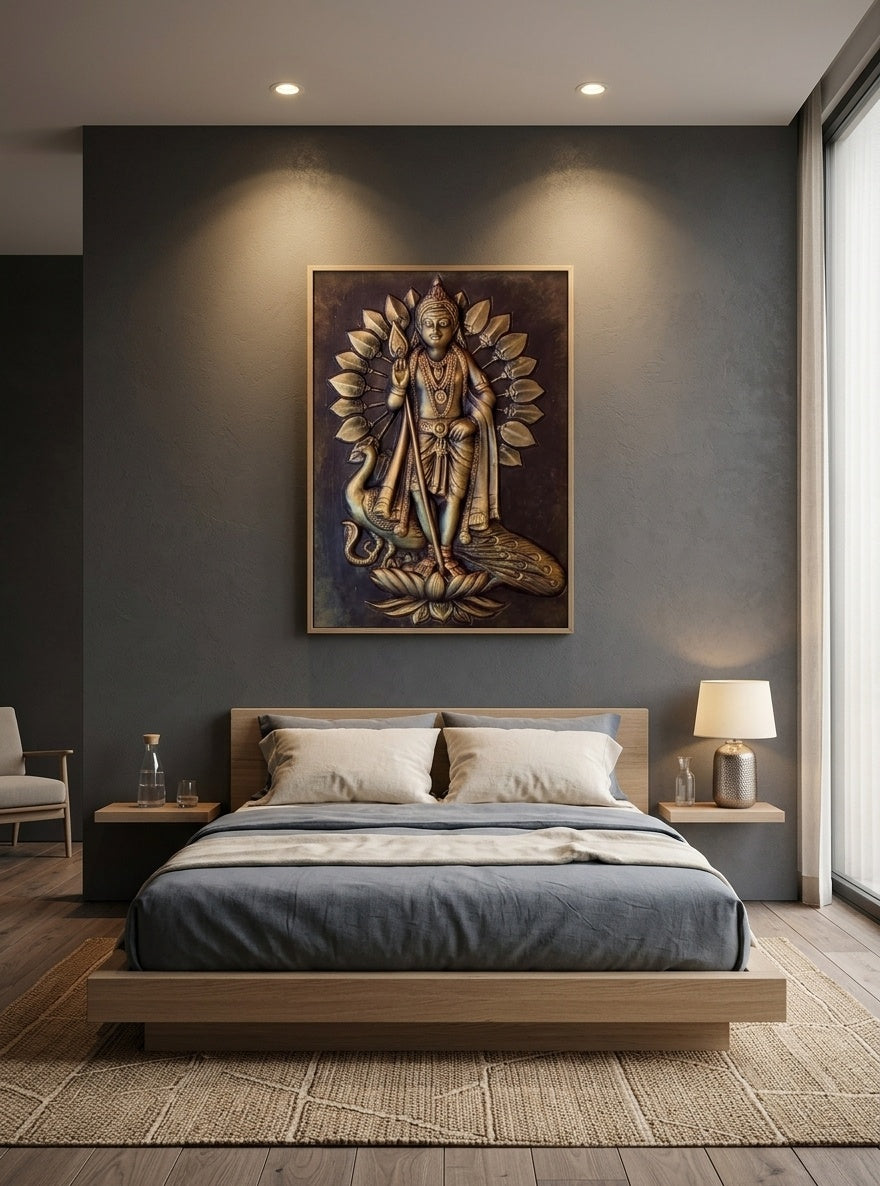 Lord Murugan (Kartikeya) with Vel and Peacock 3D Relief Wall Art Panel - Room Mockup 3