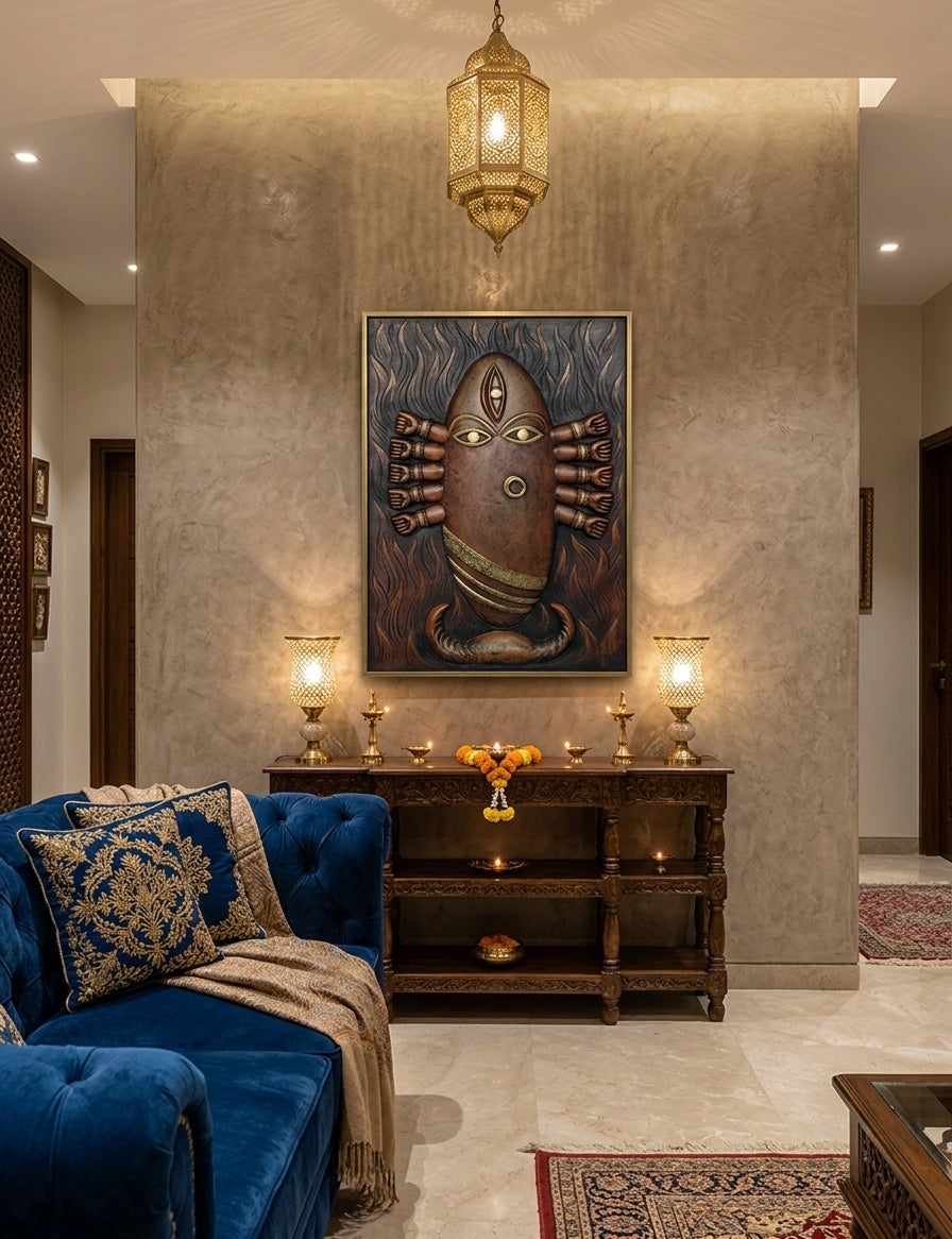 Maa Durga Stylized 3D Relief Wall Art Sculpture Panel - Room Mockup 1