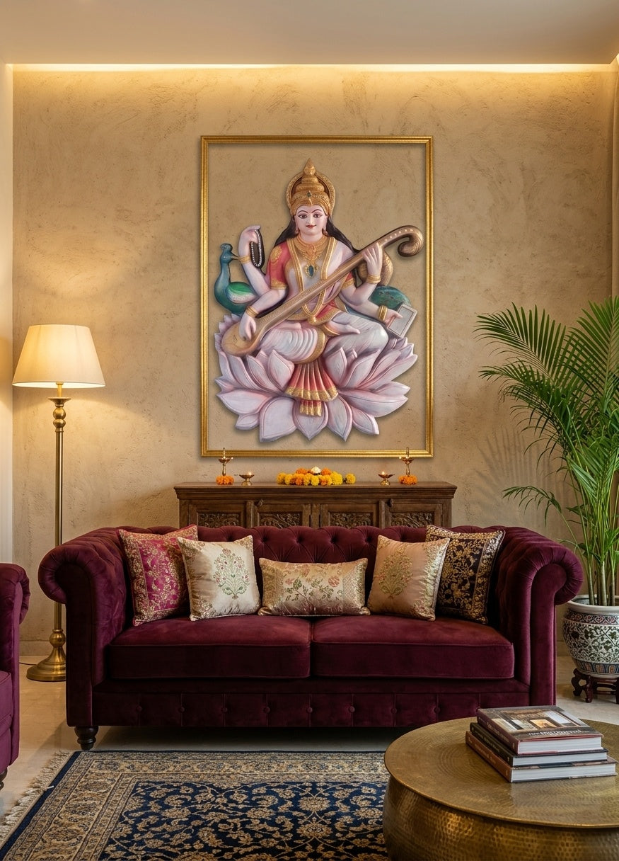 Goddess Saraswati 3D Relief Mural Wall Art Panel - Room Mockup 1