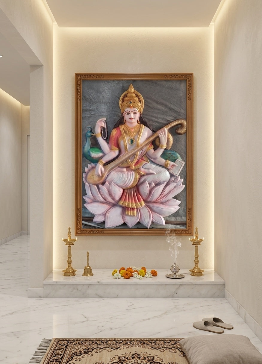Goddess Saraswati 3D Relief Mural Wall Art Panel - Room Mockup 2