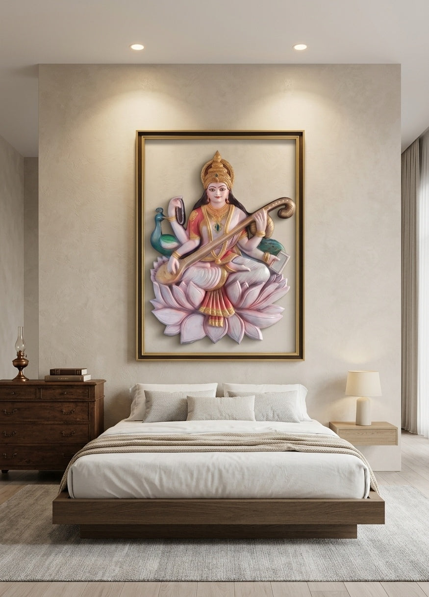 Goddess Saraswati 3D Relief Mural Wall Art Panel - Room Mockup 3