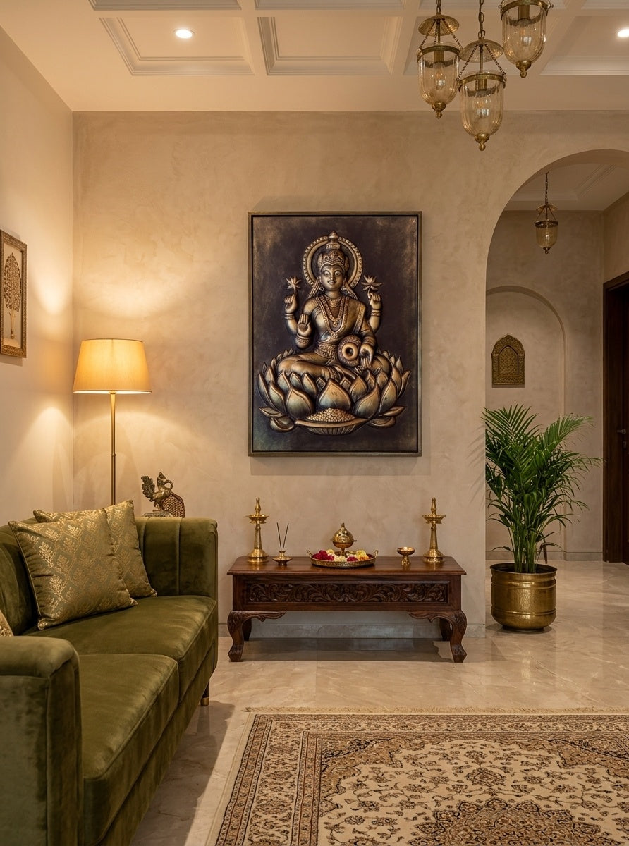 Goddess Lakshmi 3D Relief Wall Art Panel - Room Mockup 1