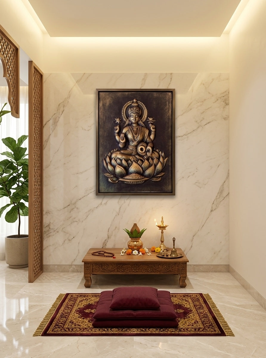 Goddess Lakshmi 3D Relief Wall Art Panel - Room Mockup 2
