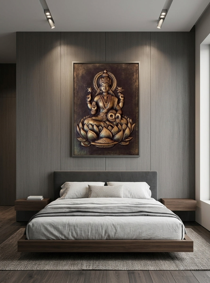 Goddess Lakshmi 3D Relief Wall Art Panel - Room Mockup 3