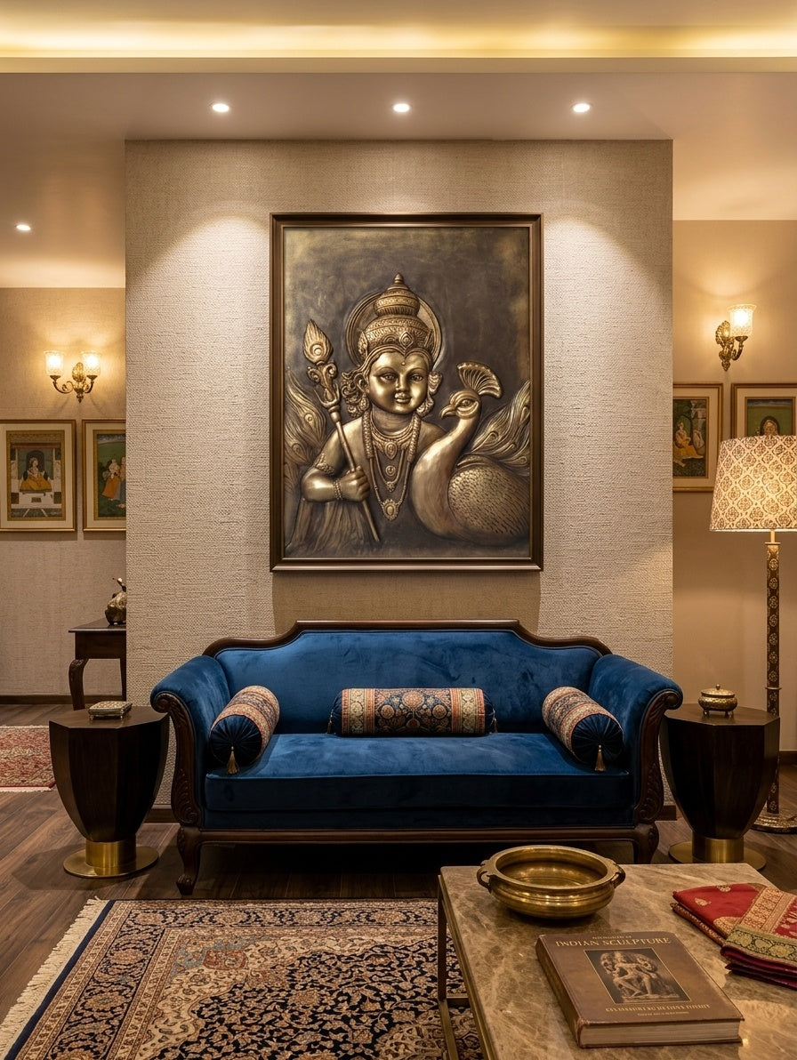Lord Kartikeya Murugan with Peacock 3D Relief Mural Panel - Room Mockup 1