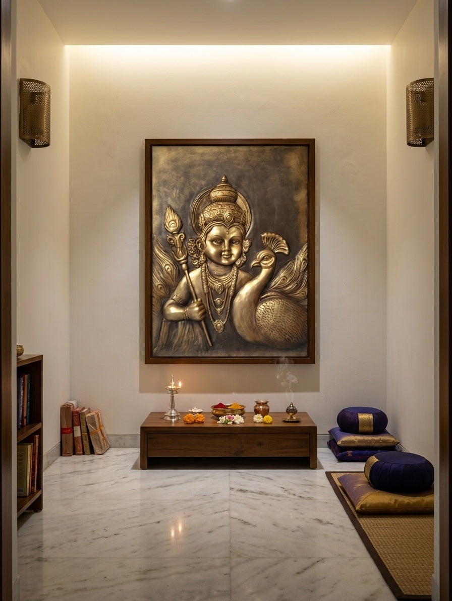 Lord Kartikeya Murugan with Peacock 3D Relief Mural Panel - Room Mockup 2