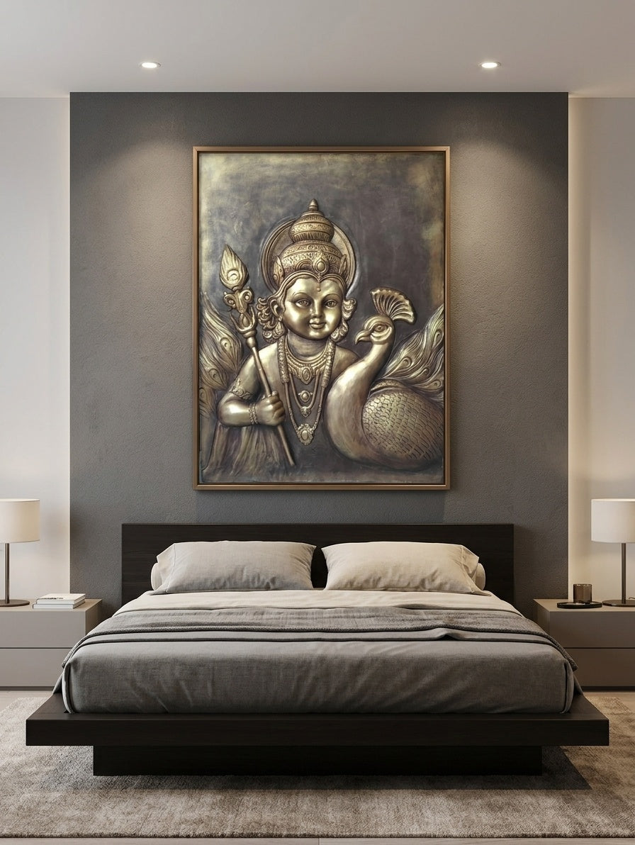 Lord Kartikeya Murugan with Peacock 3D Relief Mural Panel - Room Mockup 3