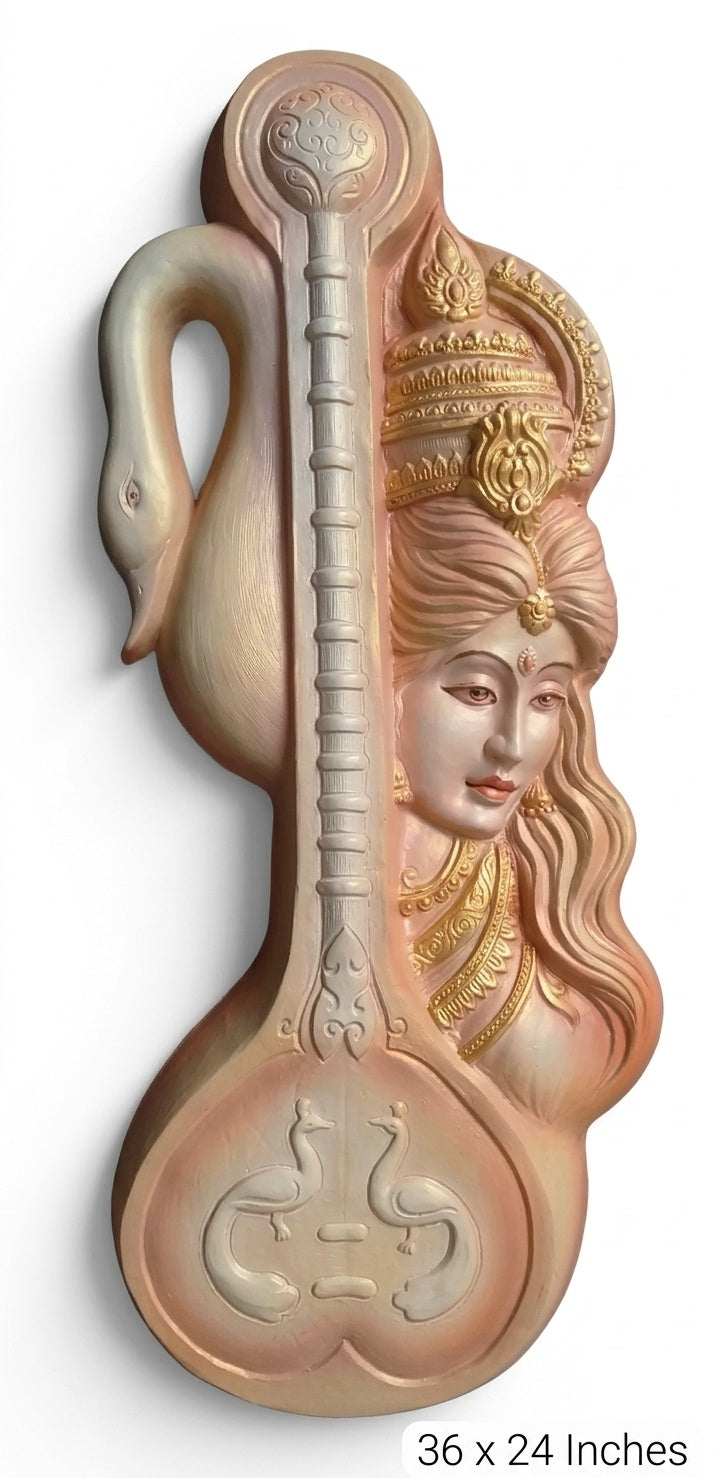 Goddess Saraswati with Veena & Swan 3D Relief Wall Art - Studio Detail