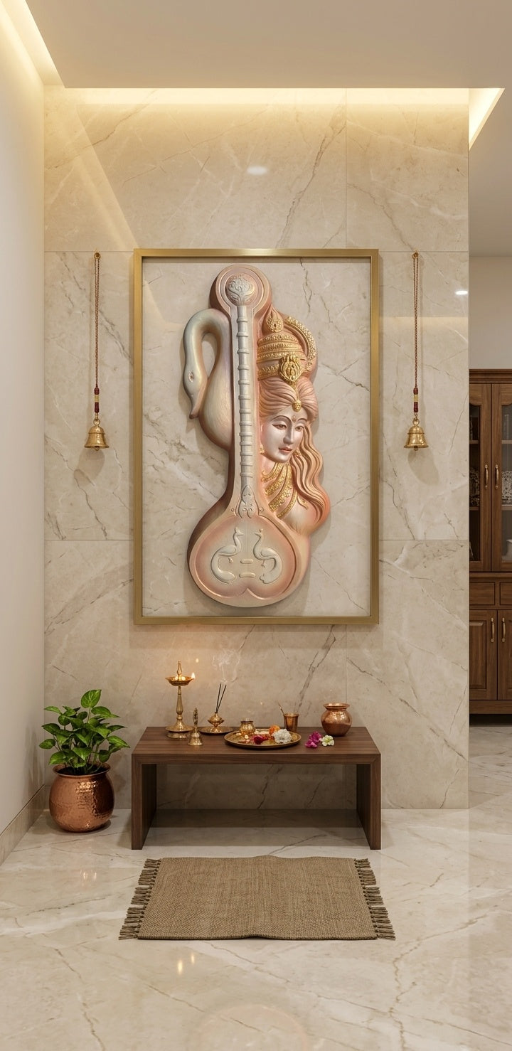 Goddess Saraswati with Veena & Swan 3D Relief Wall Art - Room Mockup 2
