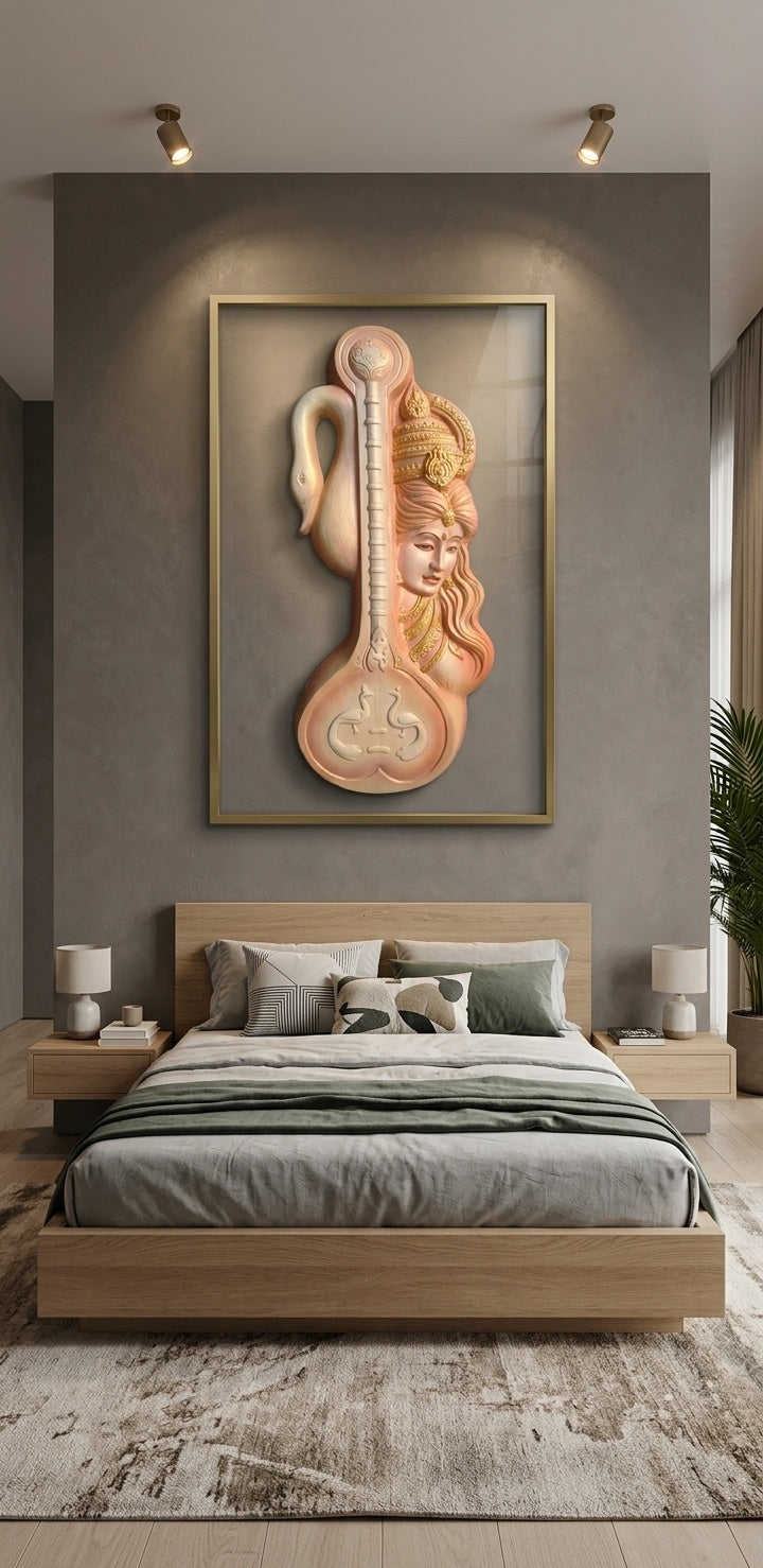 Goddess Saraswati with Veena & Swan 3D Relief Wall Art - Room Mockup 3