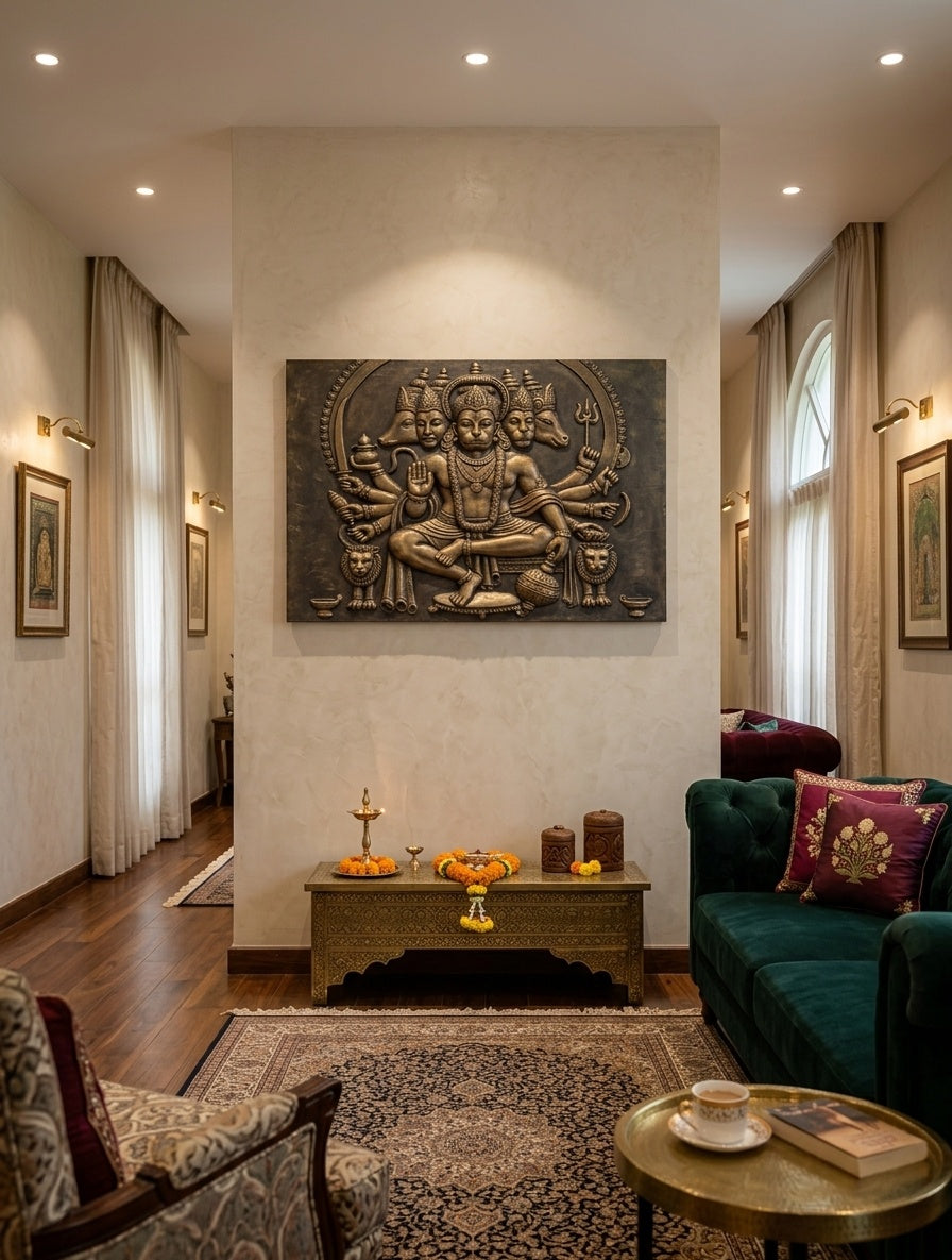 Panchamukhi Hanuman 3D Relief Sculpture Panel - Room Mockup 1
