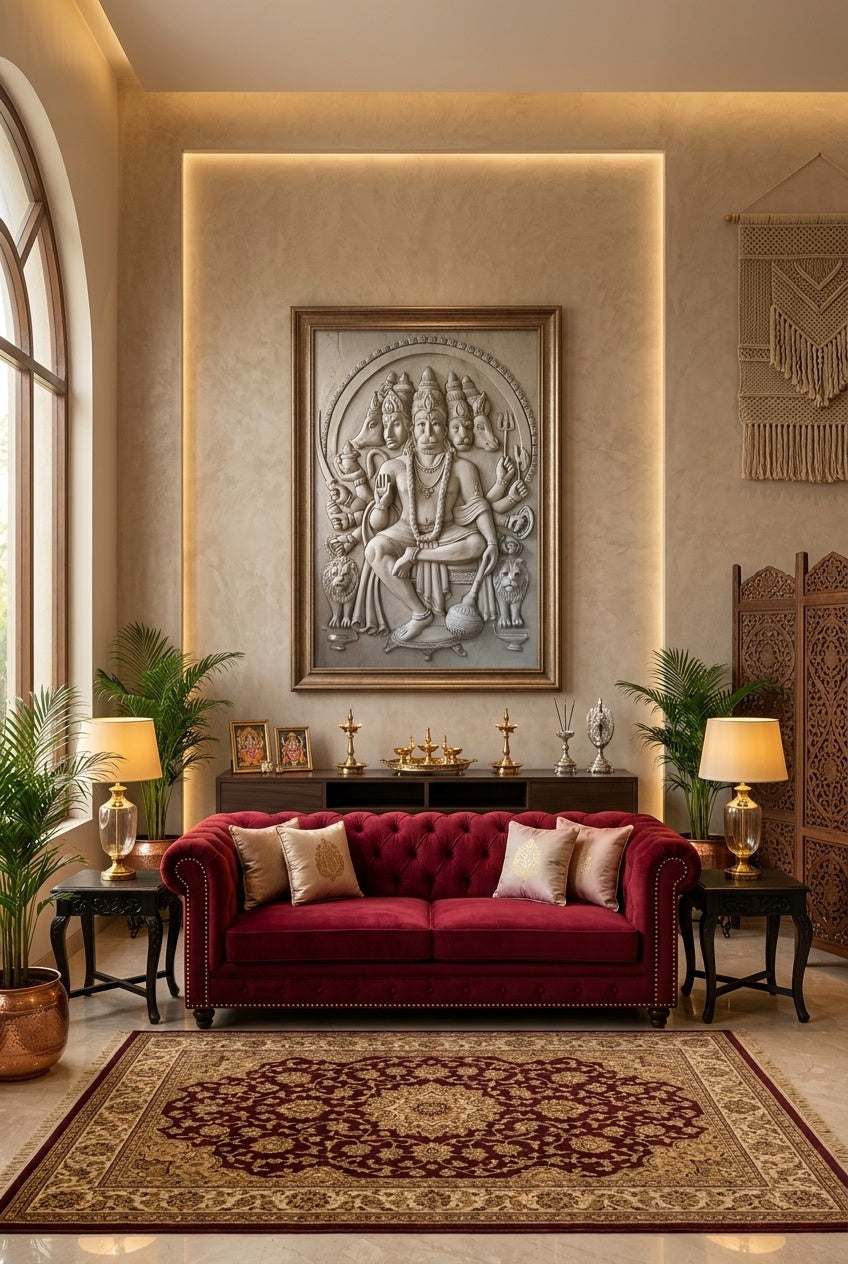 Panchamukhi Hanuman 3D Relief Mural Wall Art - Room Mockup 1