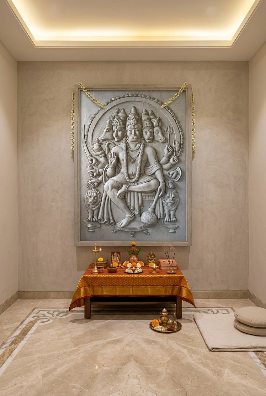 Panchamukhi Hanuman 3D Relief Mural Wall Art - Room Mockup 2
