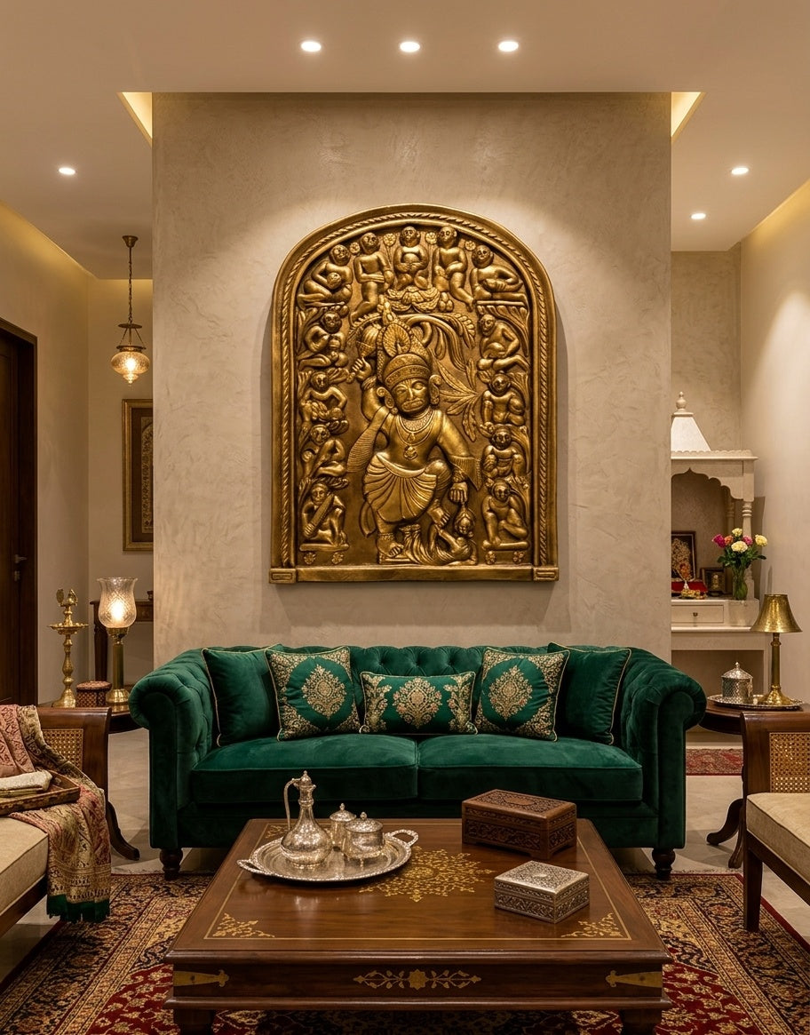 Golden Veera Hanuman 3D Relief Mural Panel - Room Mockup 1